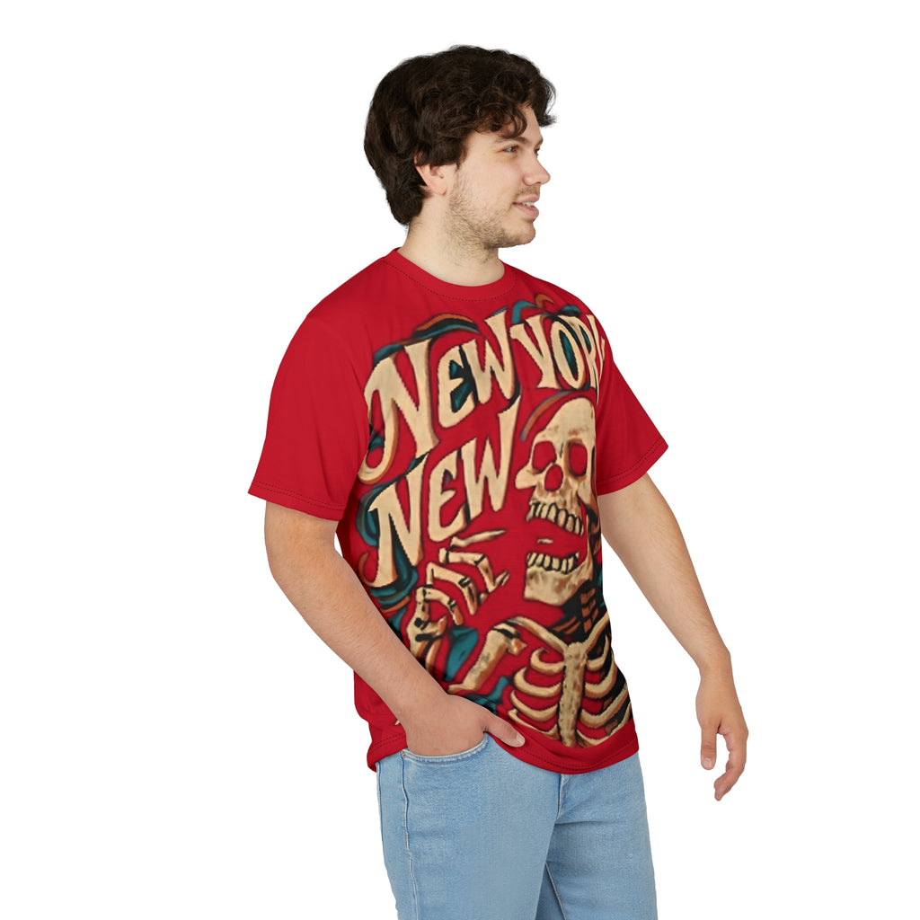 New York Skeleton Graphic Tee featuring vintage skull design in red, unisex all-over print shirt