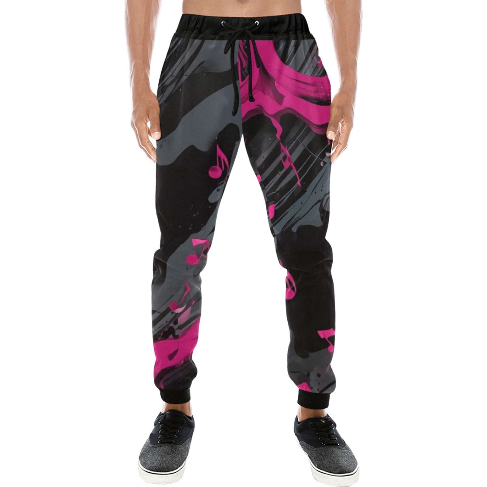 Men's tapered sweatpants with magenta all-over graphic print and drawstring waistband