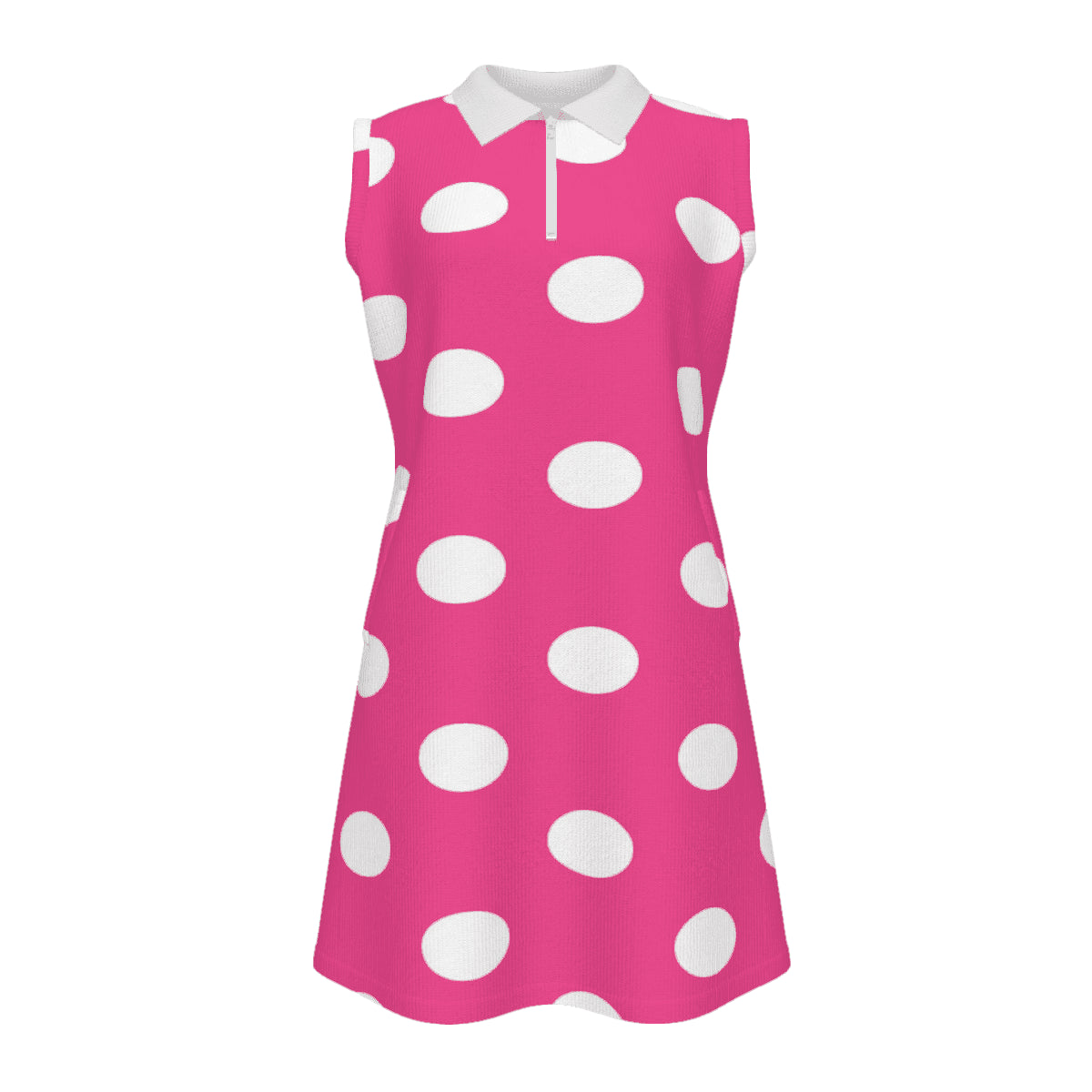 Sleeveless pink polka dot quarter‑zip polo dress with flared A‑line hem and pockets — additional view 6