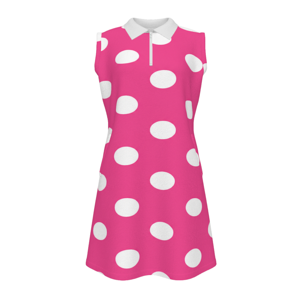 Rich and Rich Women’s Pink Polka Dot Sleeveless Zip Dress Polo with Pockets | Quarter-Zip Golf, Tennis & Pickleball Dress
