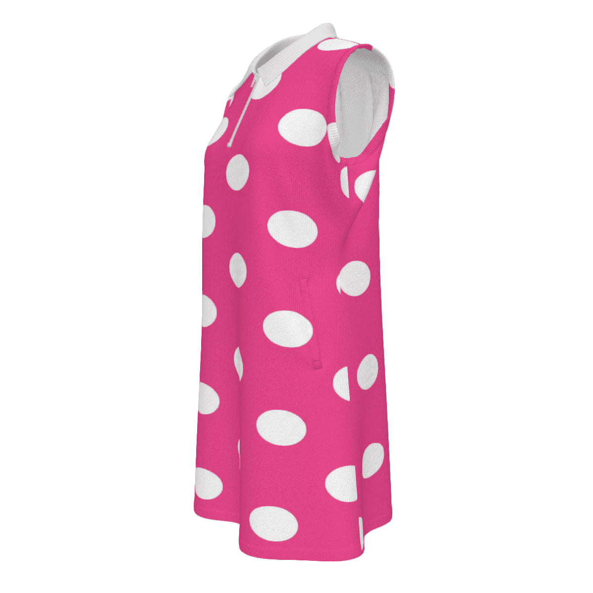 Sleeveless pink polka dot quarter‑zip polo dress with flared A‑line hem and pockets — additional view 10