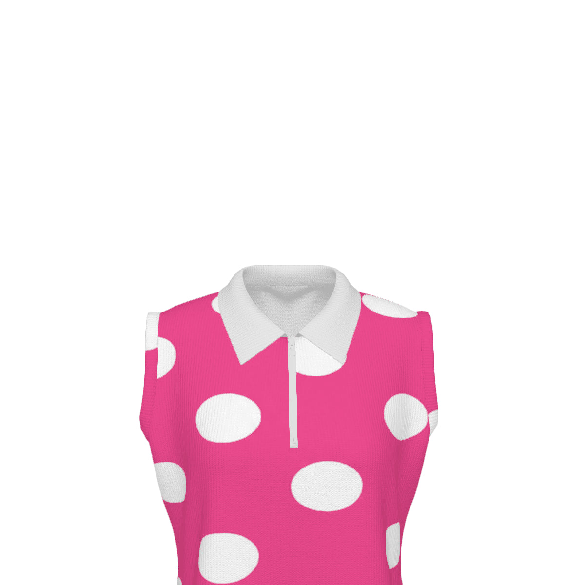 Sleeveless pink polka dot quarter‑zip polo dress with flared A‑line hem and pockets — additional view 11