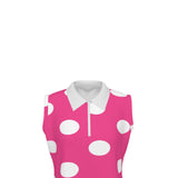 Sleeveless pink polka dot quarter‑zip polo dress with flared A‑line hem and pockets — additional view 11