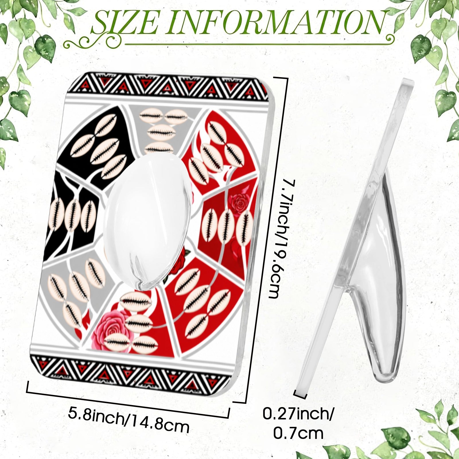 Acrylic photo frame vase with tribal artwork, recessed flower compartment, and cowrie shell accents — product detail