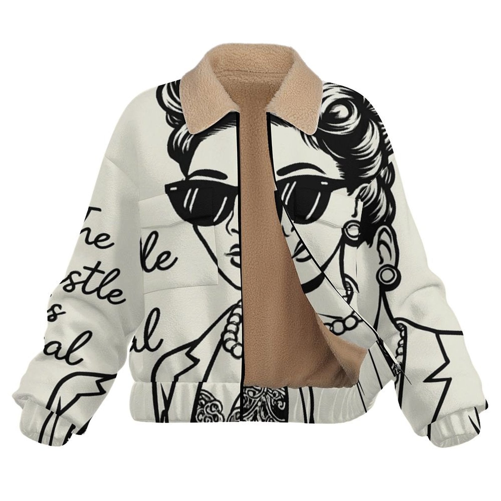 Beige women's fleece jacket with khaki sherpa lining and chest flap pockets — side view