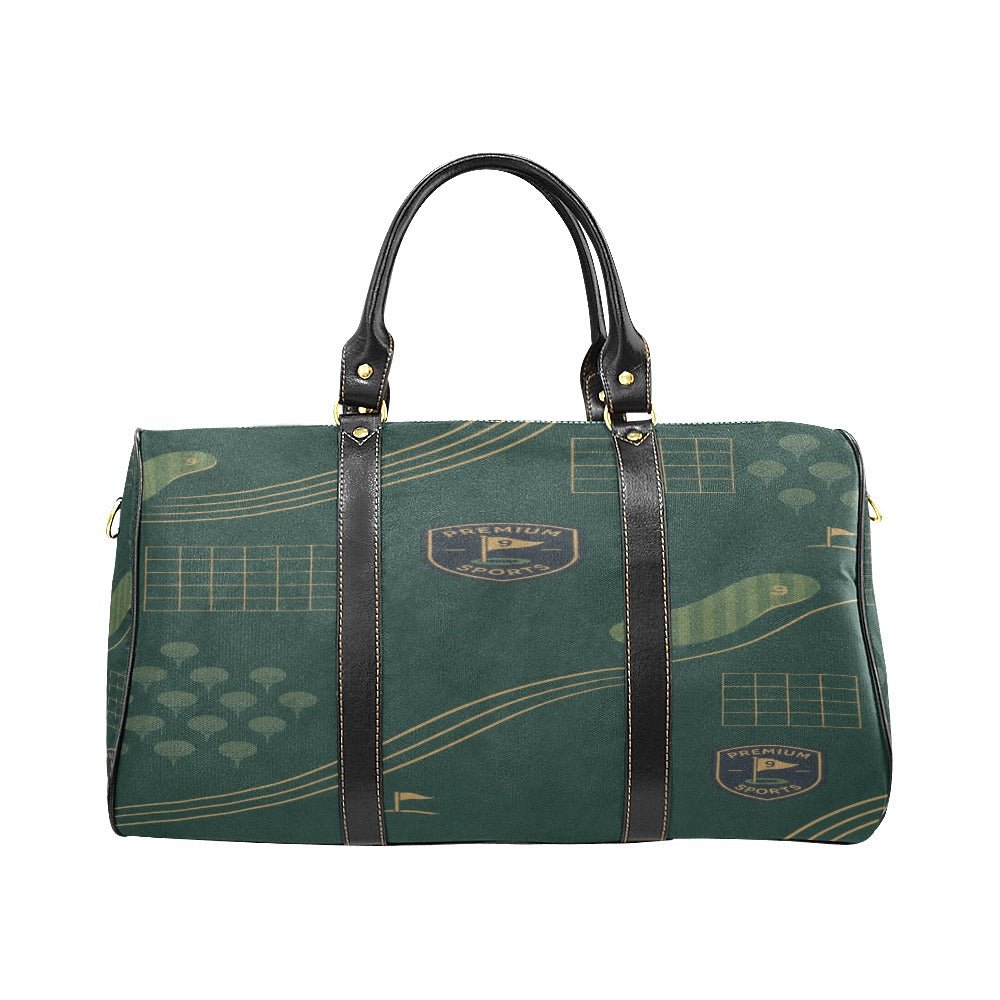 Green weekender duffel with PU leather handles, golf-inspired artwork, and a large main compartment — rear view