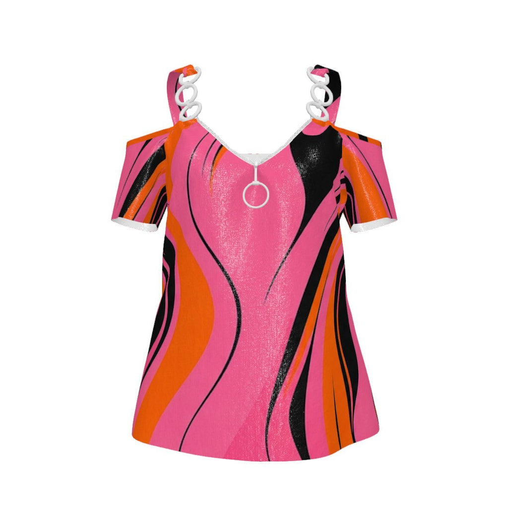 Rich and Rich Pink Swirl Women's V-Neck Chain Strap Off Shoulder Top - Rich and Rich Homeopportunities