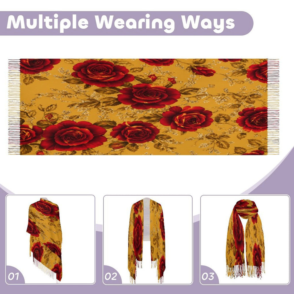 Rich and Rich Golden Rose and Leaves Women's Designer Tassel Scarf