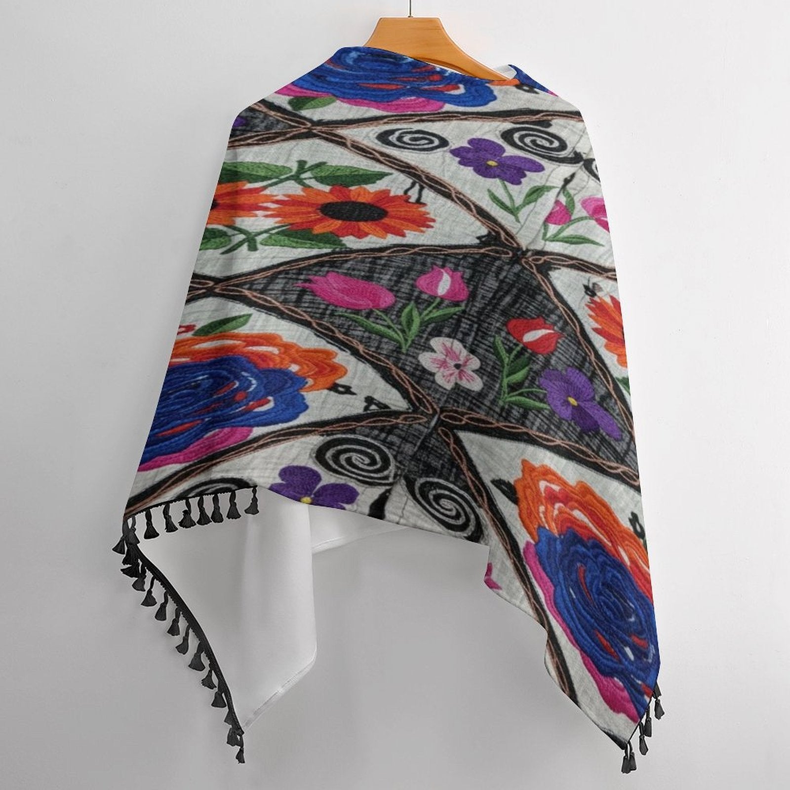 Floral tassel cape with loose cardigan silhouette in smooth, breathable fabric, one size fits all — product detail