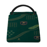 Green insulated golfing lunch bag with golf-inspired artwork and aluminum foil lining — rear view