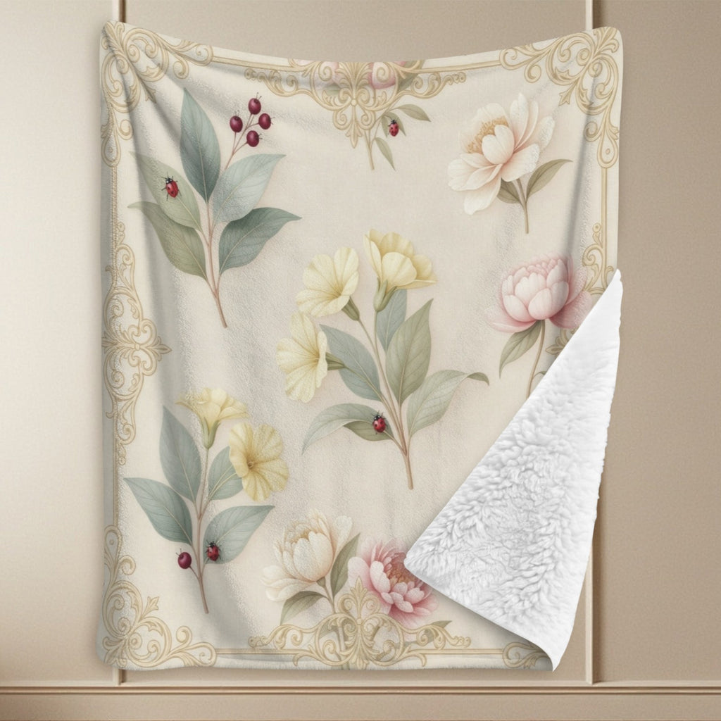 A Rich and Rich Beige Botanical Conservatory Sherpa Fleece Blanket 90"x108"
