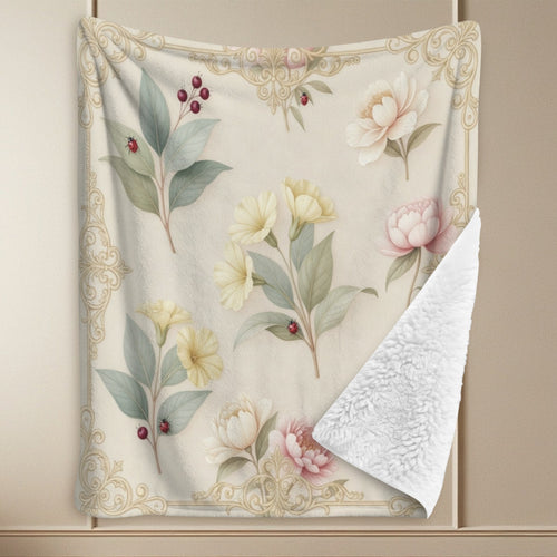 A Rich and Rich Beige Botanical Conservatory Sherpa Fleece Blanket 90"x108"