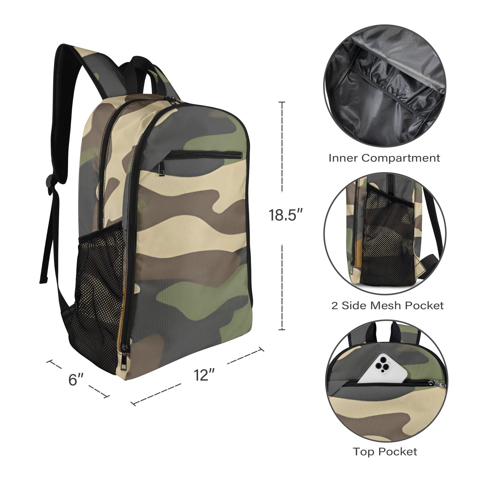 R&RH camo green unisex travel backpack with all over print, shown front view