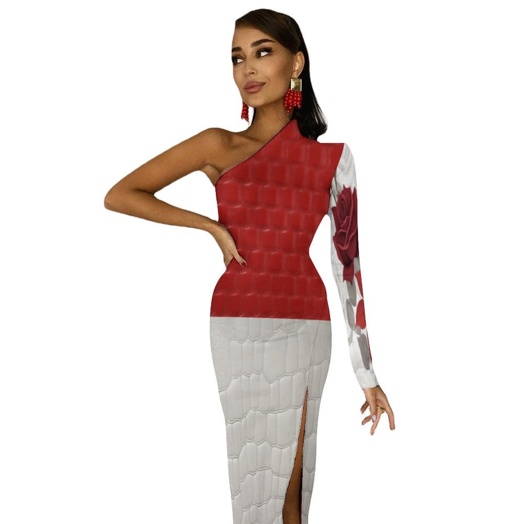 Rich and Rich women's red and white rose one-shoulder slit maxi dress with half sleeves