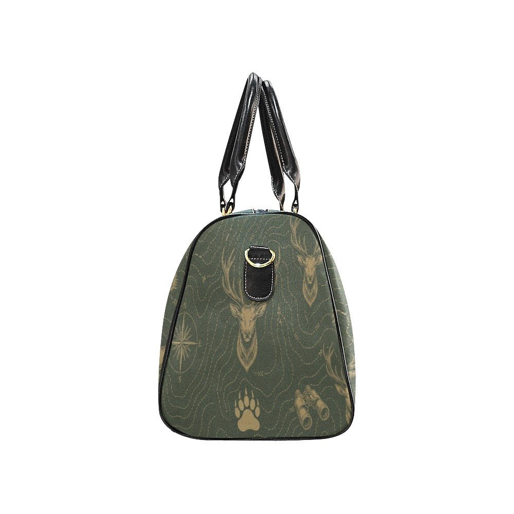 Green waterproof duffel bag with hunting-themed print, PU leather handles, and adjustable shoulder strap — additional view 6