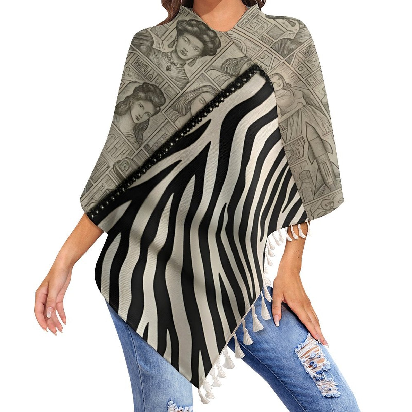Black and beige tassel cape with loose cardigan silhouette and fringe — product detail