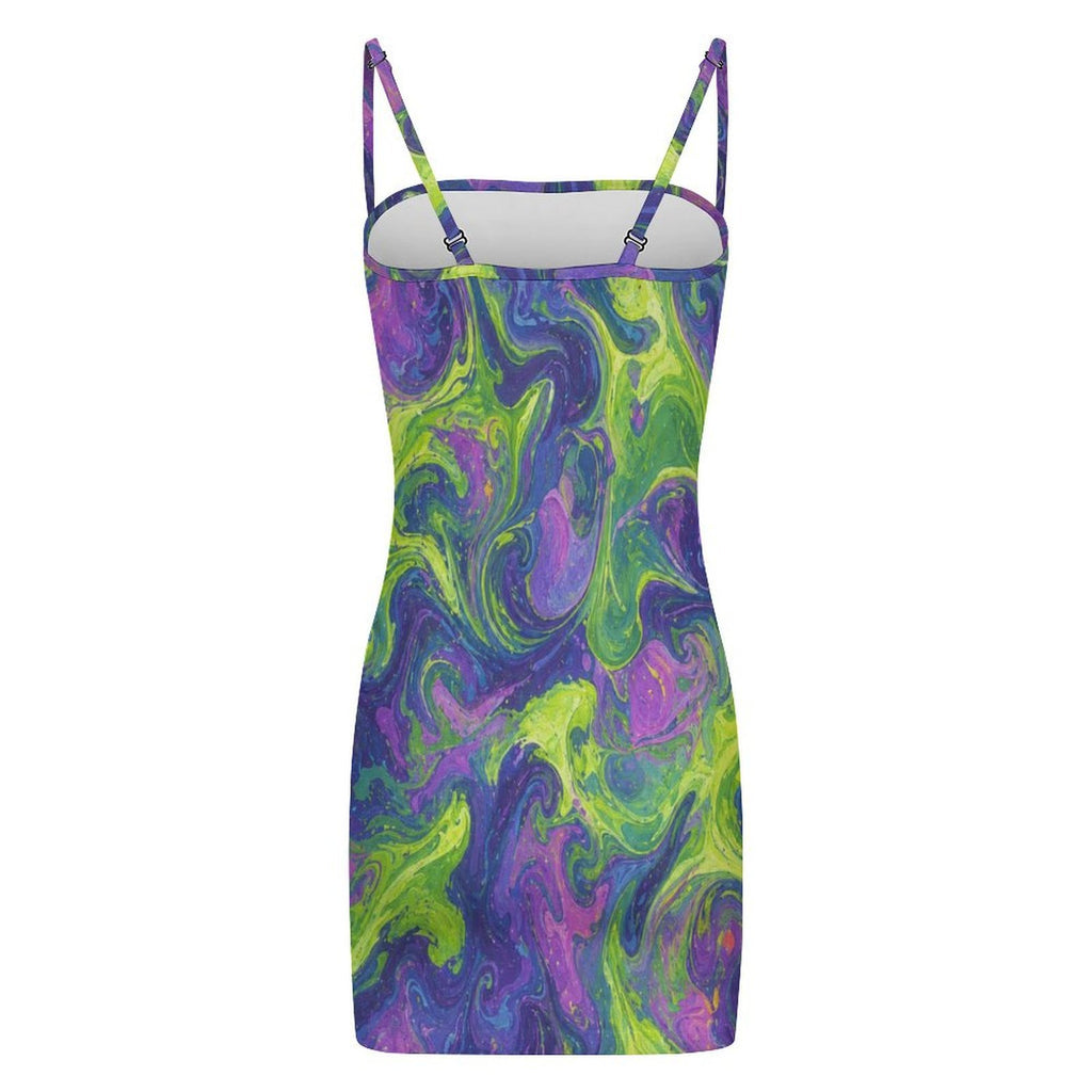 Rich and Rich Key Lime and Purple Abstract Women’s Bodycon Dress | Adjustable Cami Strap Sleeveless Mini Dress