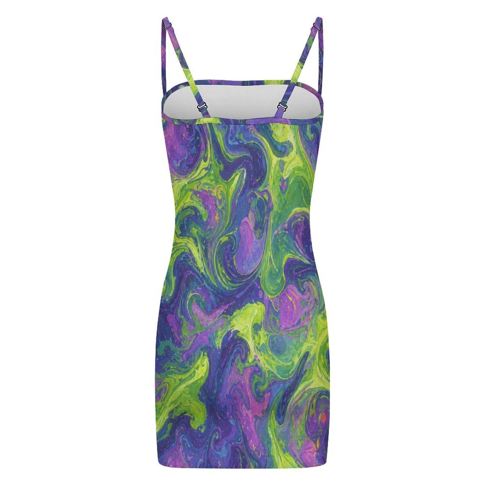 Rich and Rich Key Lime and Purple Abstract Women’s Bodycon Dress | Adjustable Cami Strap Sleeveless Mini Dress