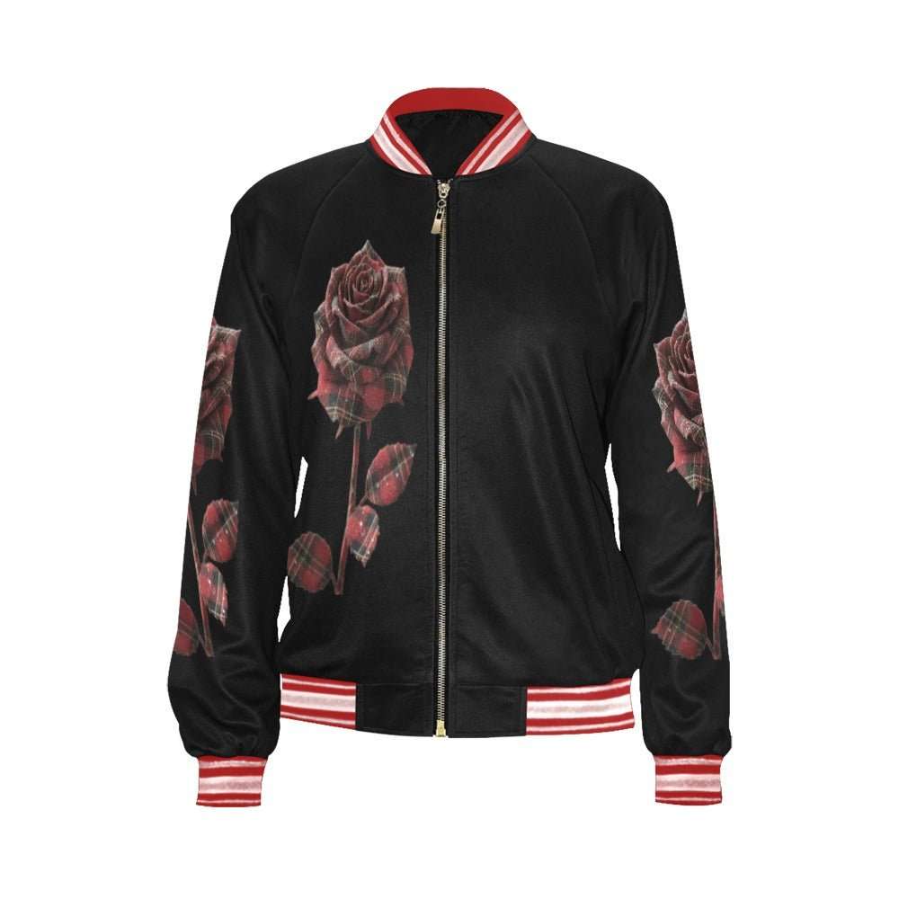 Red plaid rose women's bomber jacket with ribbed collar and zipper front — alternate view