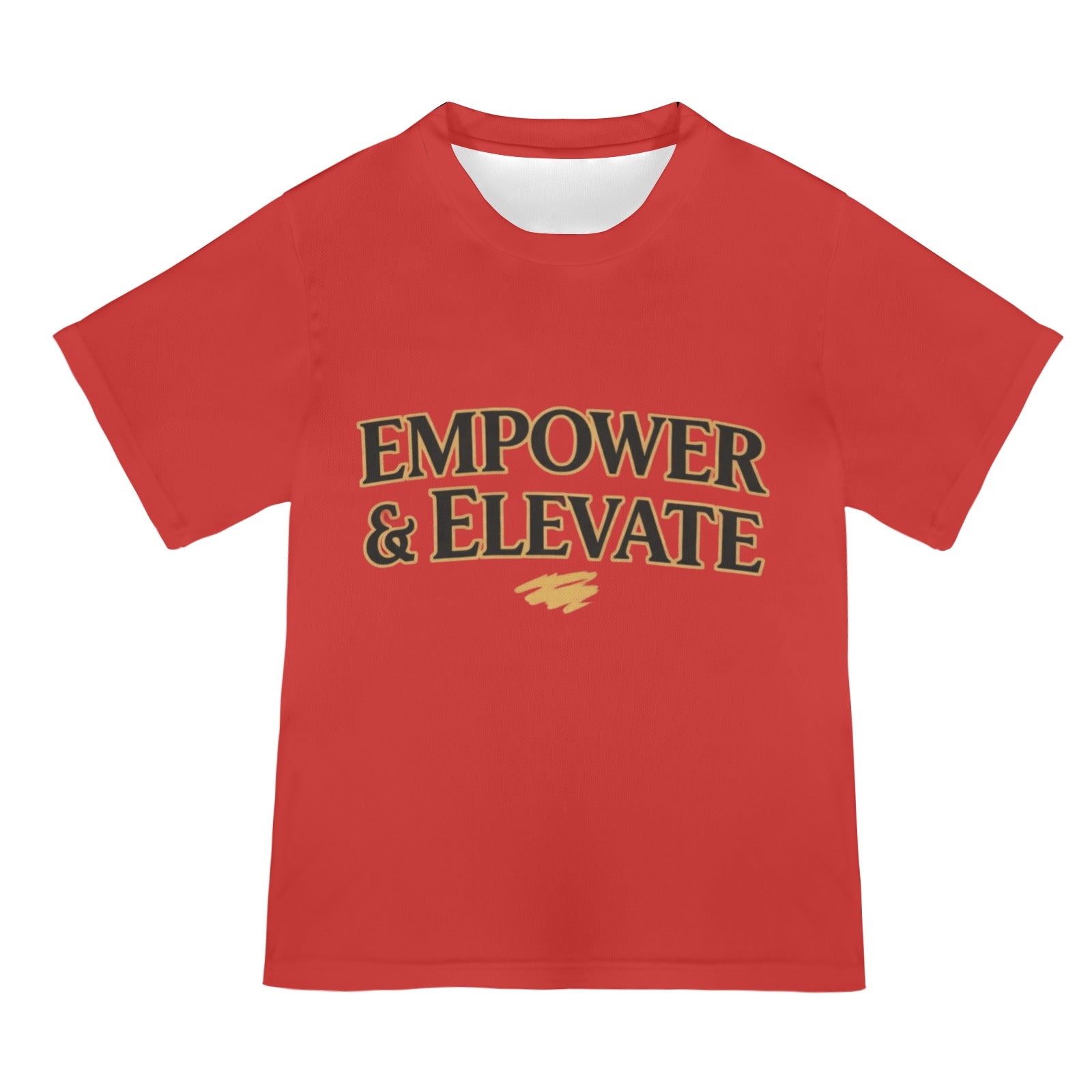Women's relaxed-fit red all-over print mesh T-shirt with 'Empower and Elevate' design — alternate view