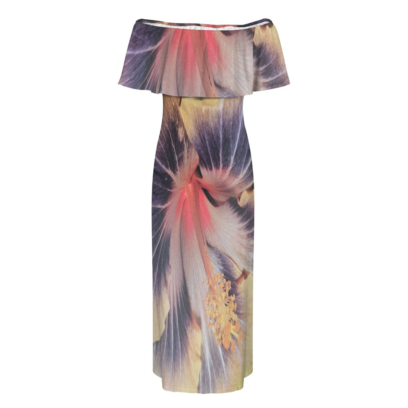 R&RH Women's Off Shoulder Exotic Flower Dress with Ruffle Boat Neck