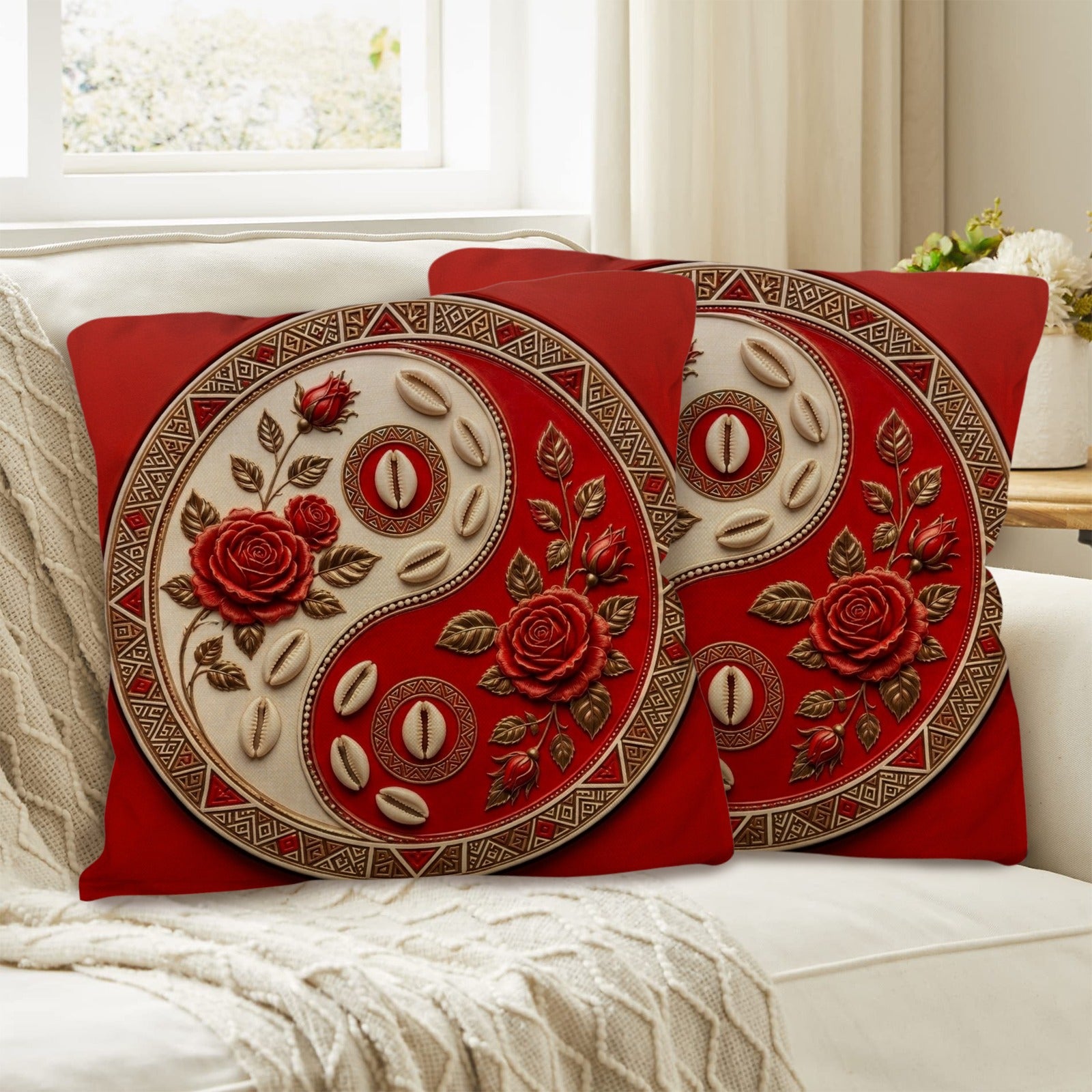 The Tribal Elegance Harmony Series – Crimson Balance Linen Throw Pillow 18x18inch (with Pillow Core)(2-Pack) - Rich and Rich Homeopportunities