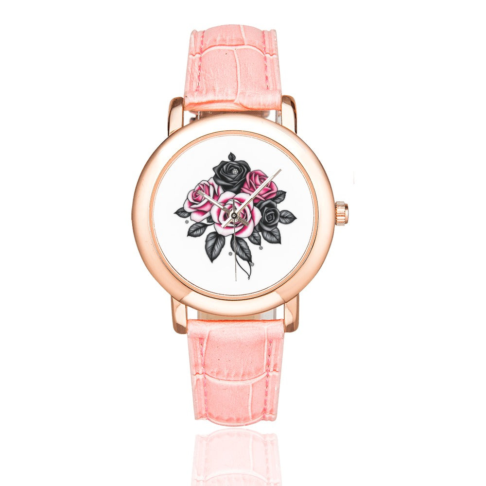R&RH Pink Roses women's rose gold watch with leather strap