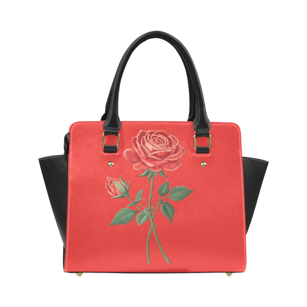 R&RH Red Roses Classic Women's Shoulder Handbag in red PU leather with double handles and adjustable shoulder strap
