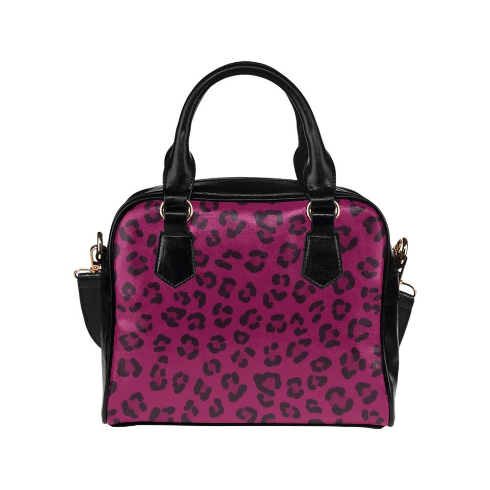 Magenta animal-print PU shoulder handbag with double handles and removable strap — alternate view