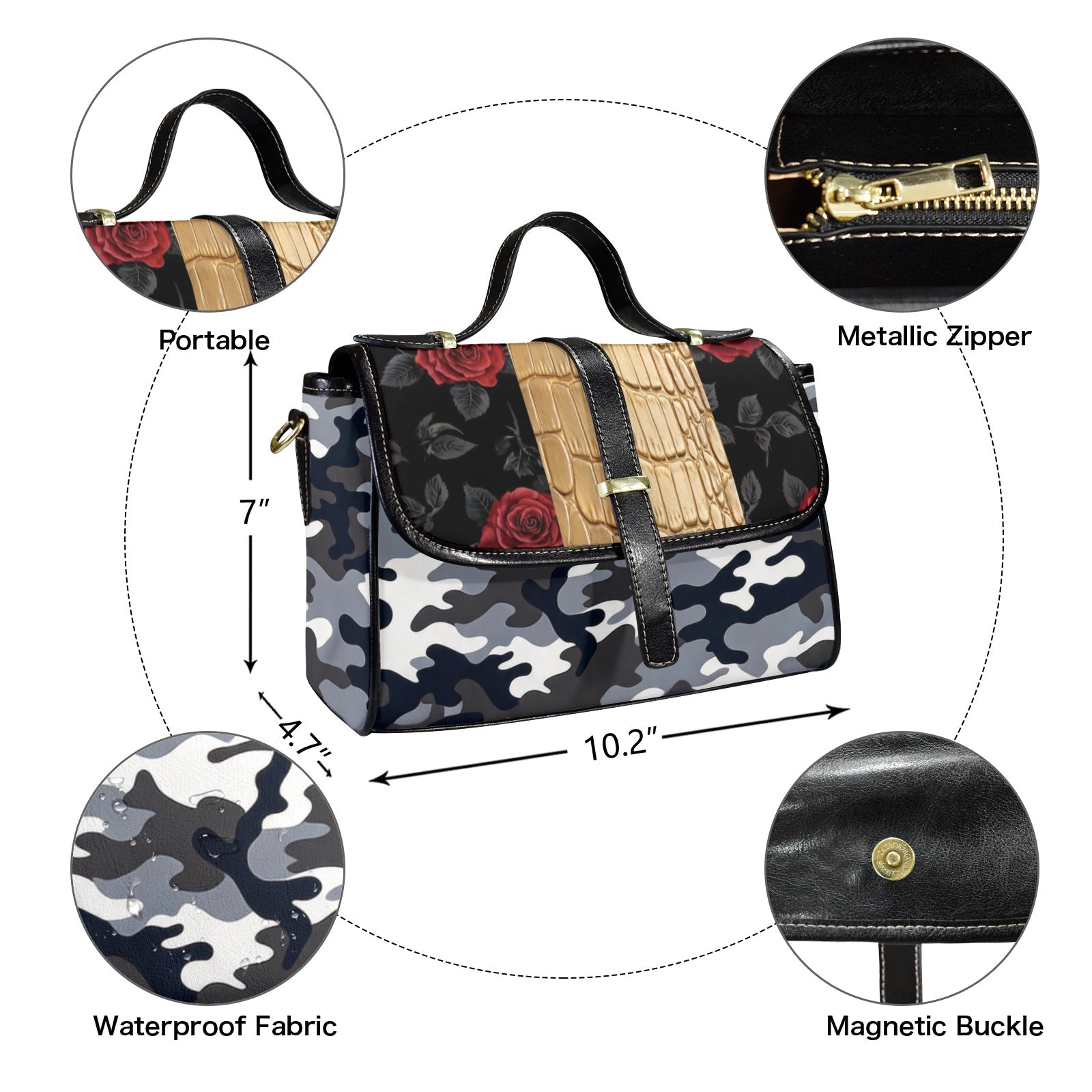 Women's gray camouflage rose PU leather satchel with top handle and adjustable shoulder strap — additional view 9