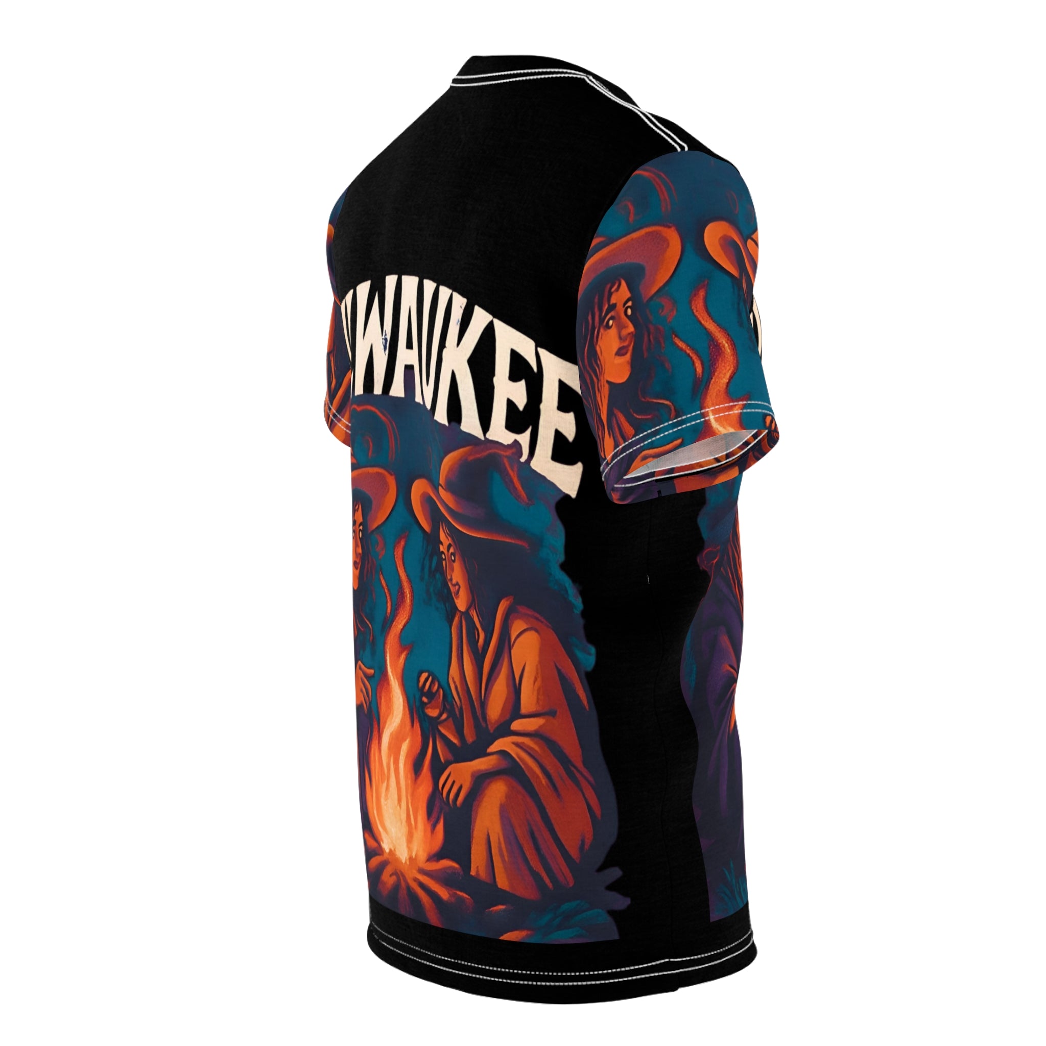 Milwaukee Witchy Vibes Unisex Tee featuring two witches by a campfire in a vintage Halloween graphic design