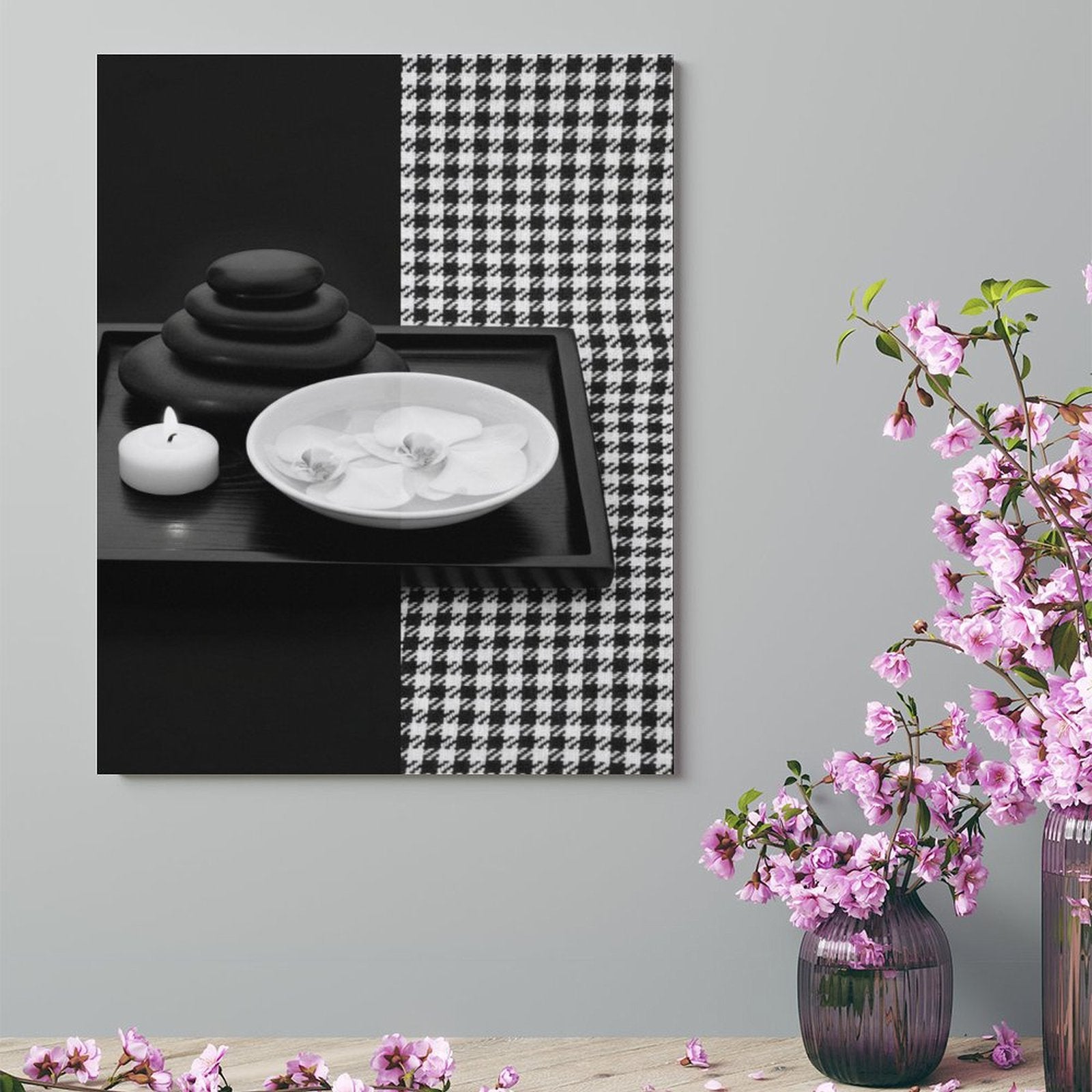 Vertical black and white houndstooth canvas print with textured surface, 16x20 inches — product detail