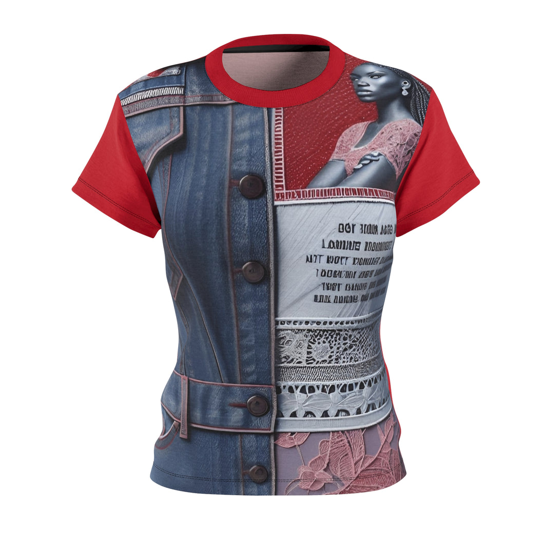 Fashion-Forward Women Red Jean InspiredTee - Stylish Denim & Lace Design for Trendsetters