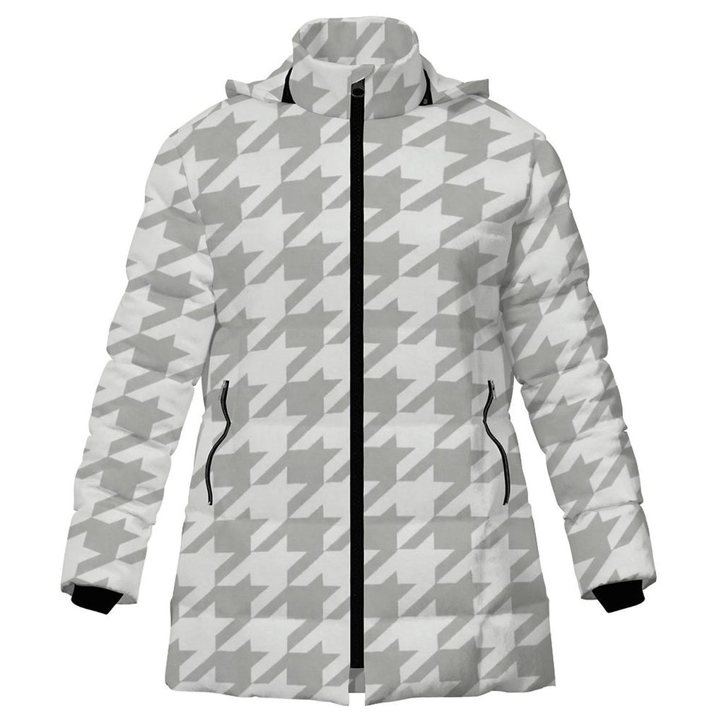 Rich and Rich Women's White Houndstooth Hooded Puffer Coat | Luxury Warm Winter Jacket with Detachable Hood - Rich and Rich Homeopportunities