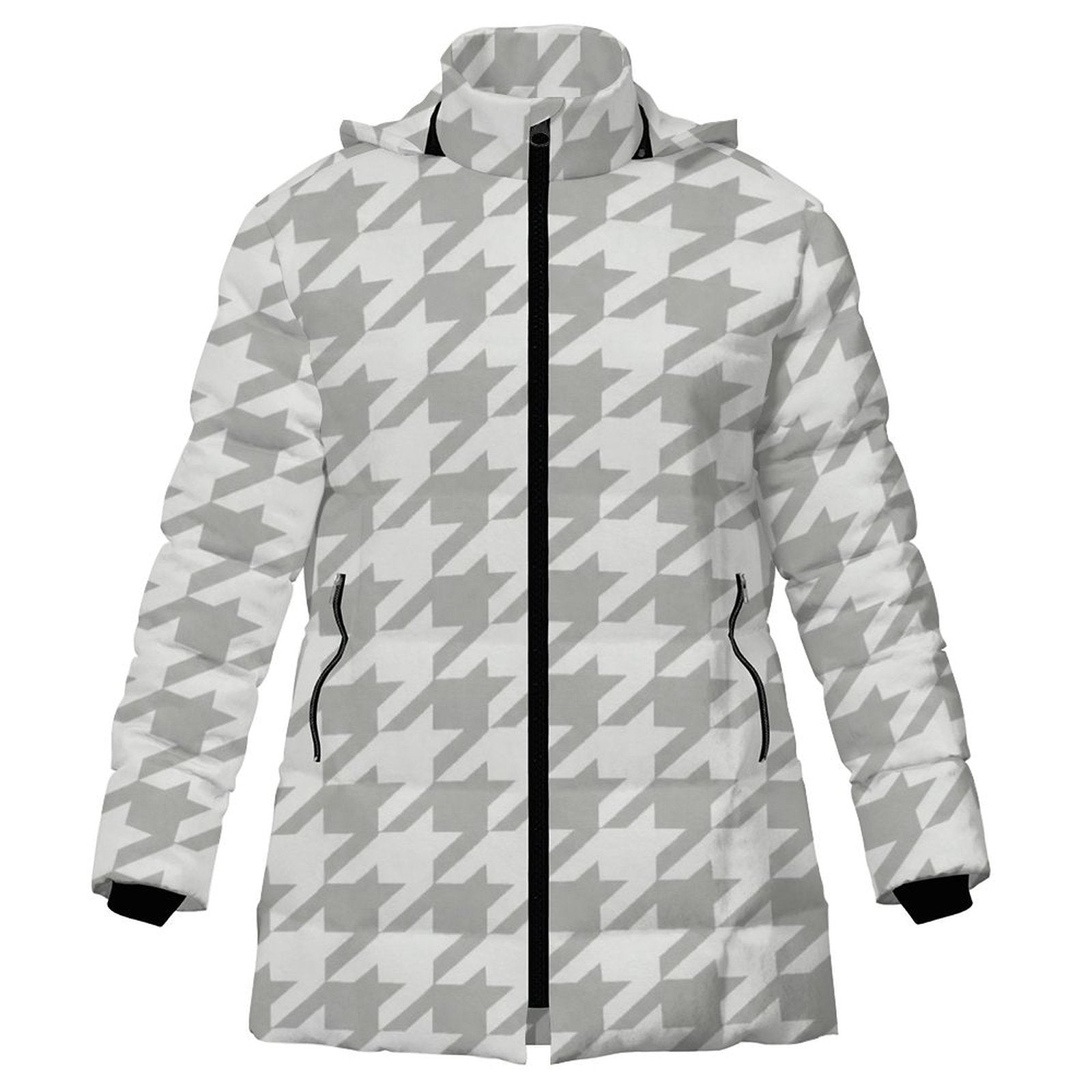 Rich and Rich Women's White Houndstooth Hooded Puffer Coat | Luxury Warm Winter Jacket with Detachable Hood - Rich and Rich Homeopportunities