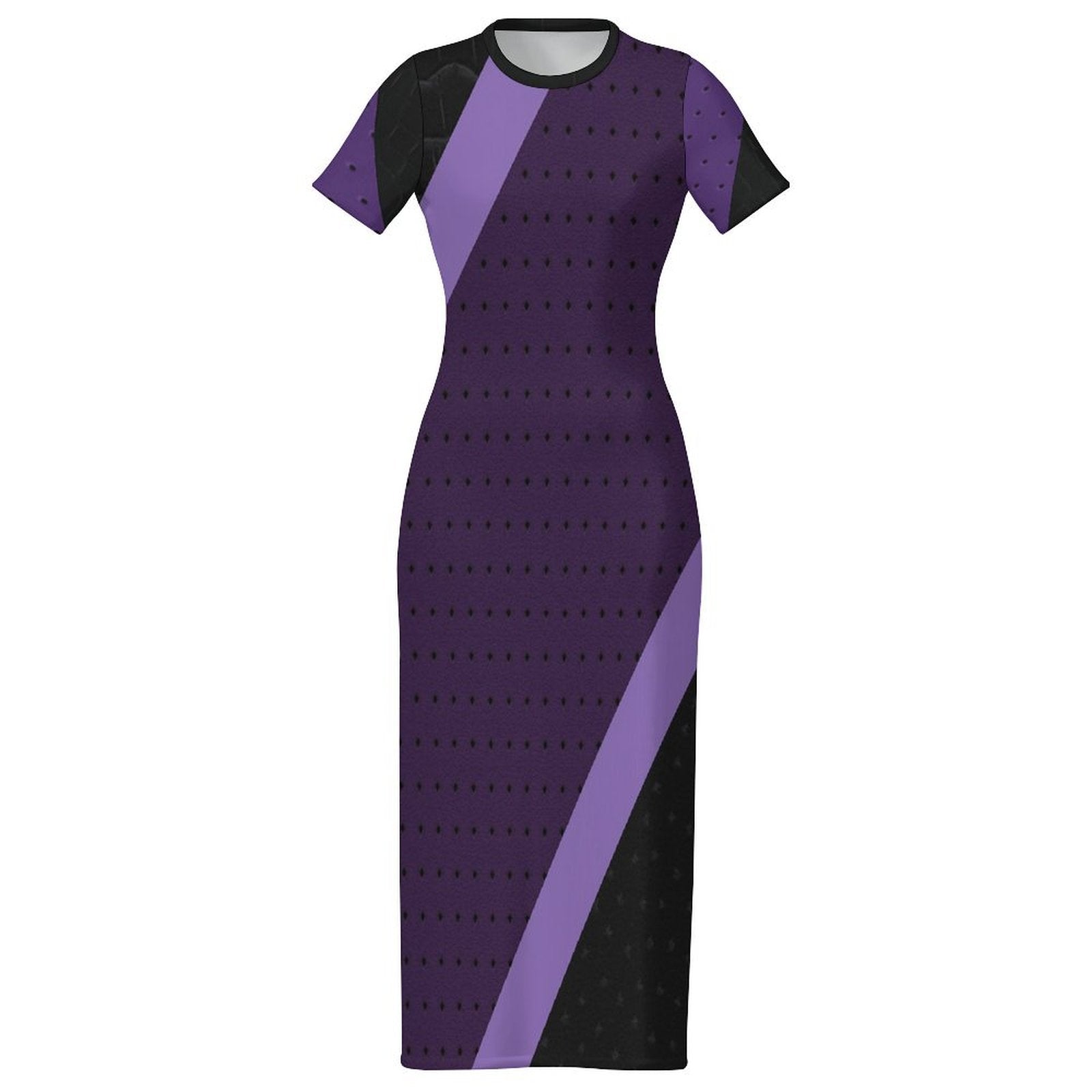Purple diagonal print bodycon maxi dress with short sleeves and crew neck — alternate view