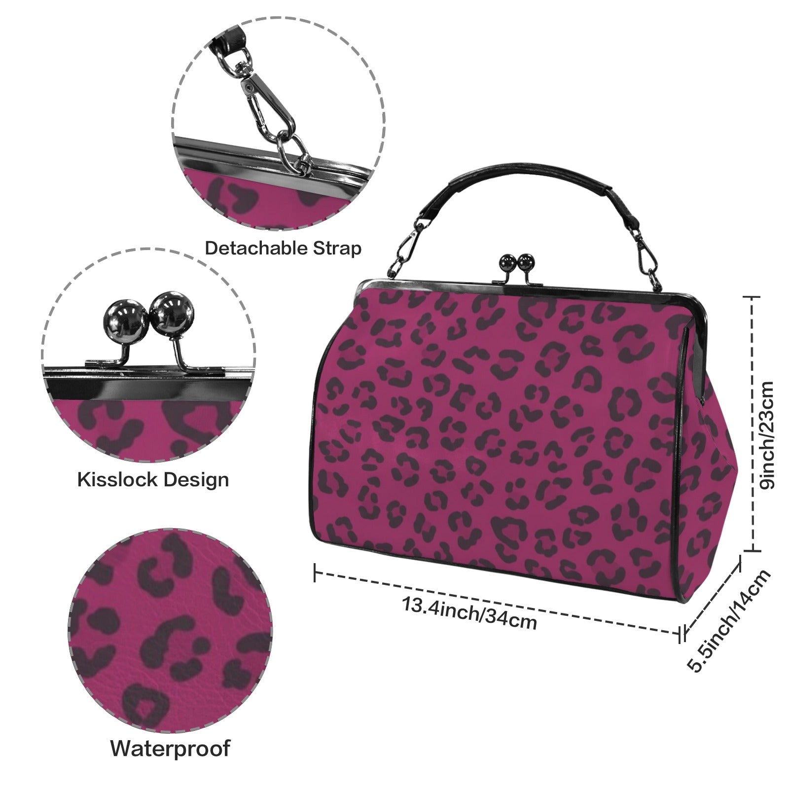 Magenta animal-print kisslock crossbody bag in waxed PU with top handle — side view