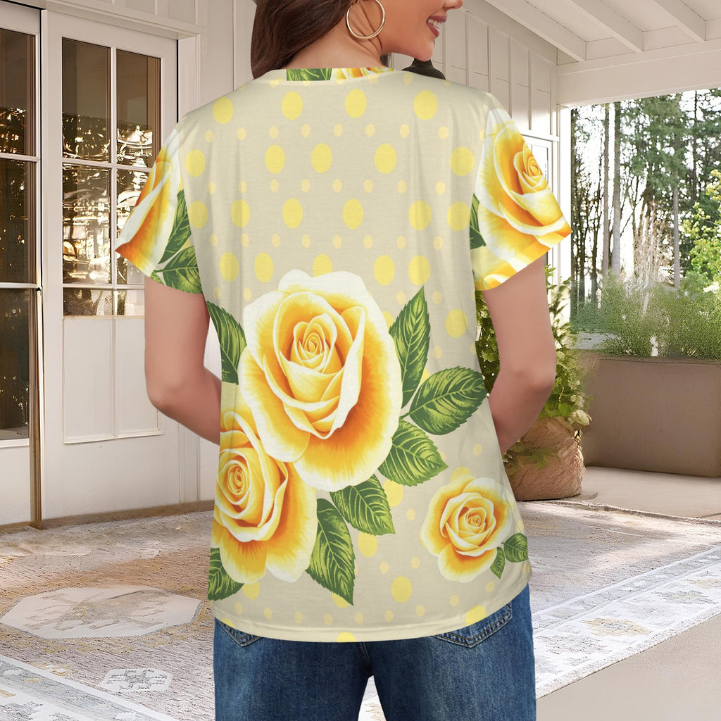 Yellow Rose and Polka Dot Women's Crewneck Sleeve T-Shirt with floral and polka dot pattern
