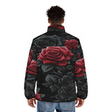 Men's black and red puffer jacket with bold rose floral print and front pockets — additional view 9