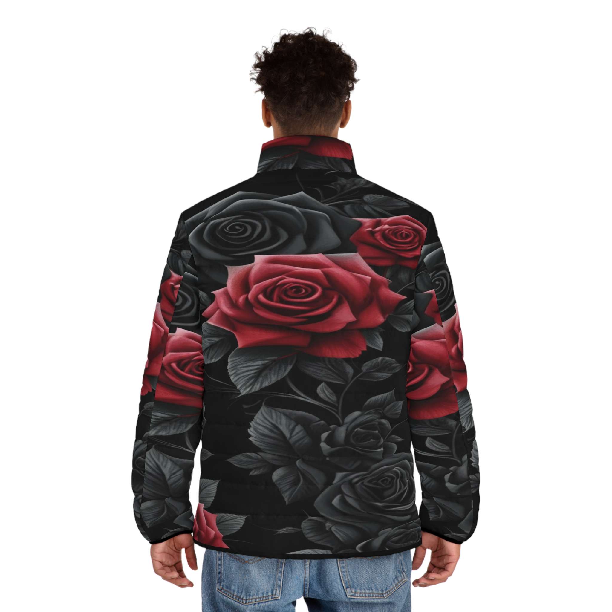Men's black and red puffer jacket with bold rose floral print and front pockets — additional view 9