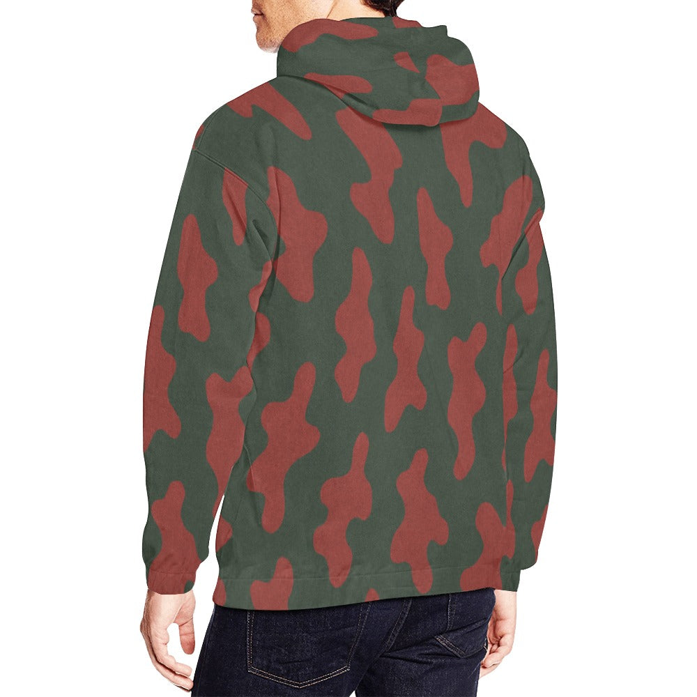 Rich and Rich Men's Red Camo Hoodie front view with kangaroo pocket and red camouflage print