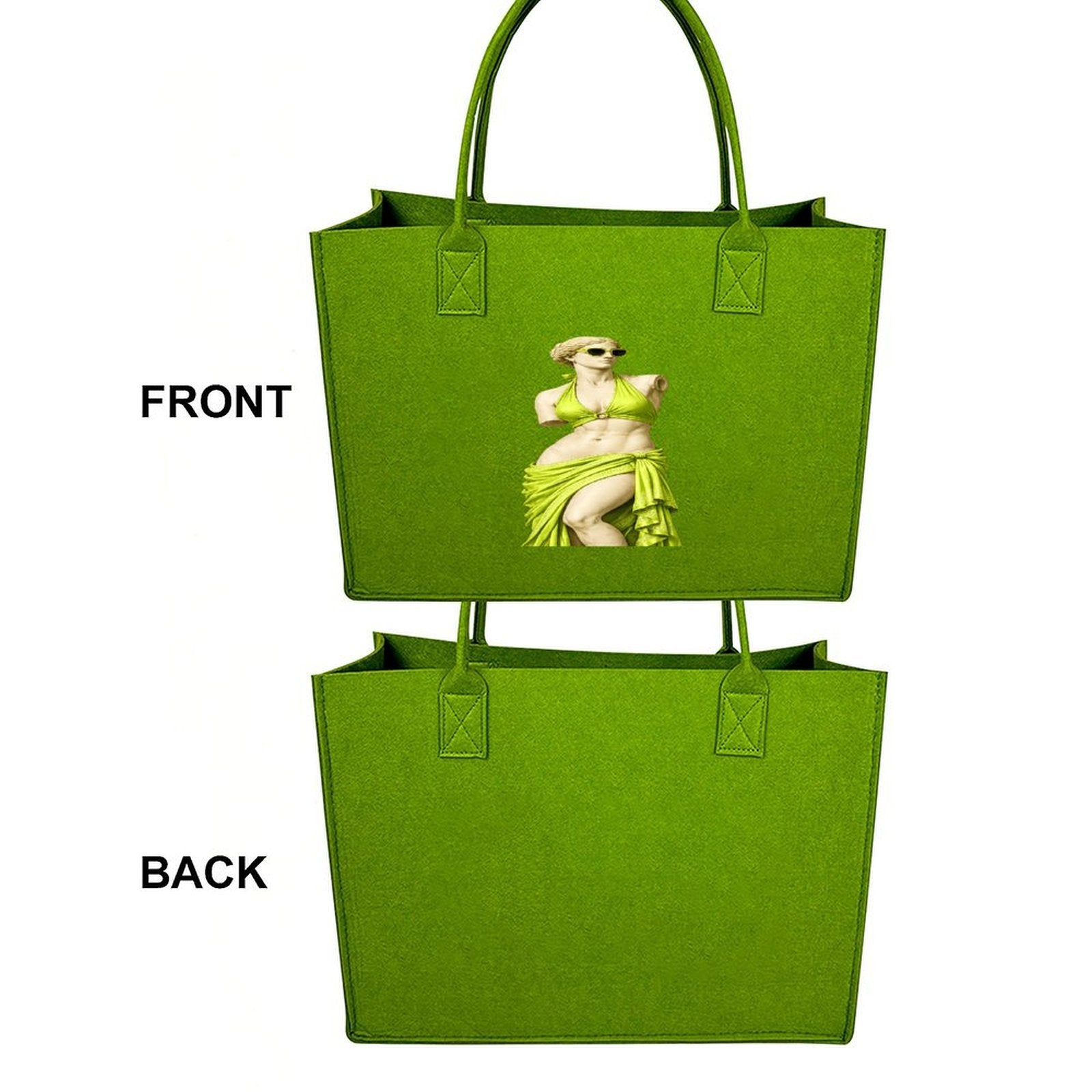 Rich and Rich light green felt tote bag front and back view with statue graphic