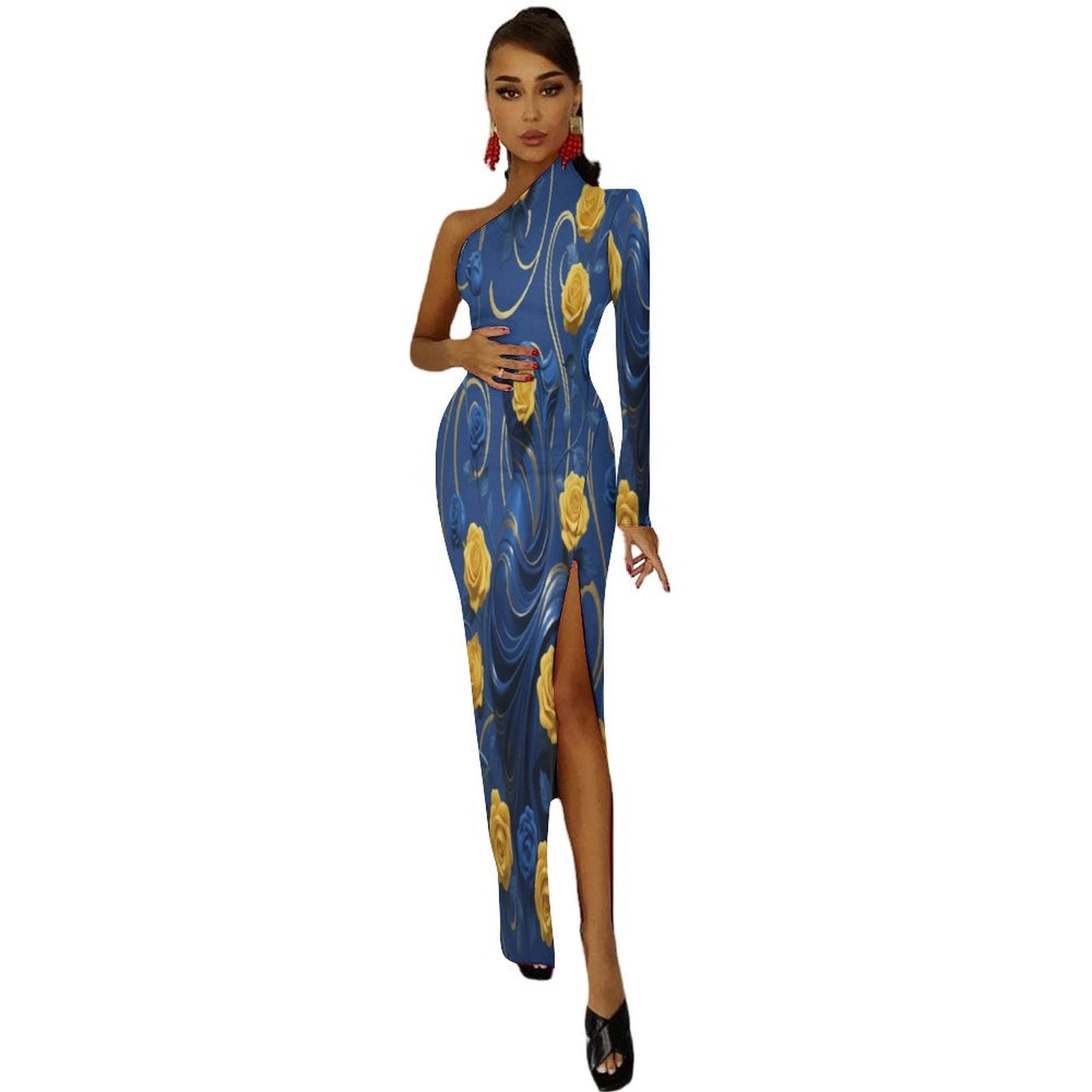 Rich and Rich Women's Yellow and Blue Roses One-Shoulder Maxi Dress with Side Slit