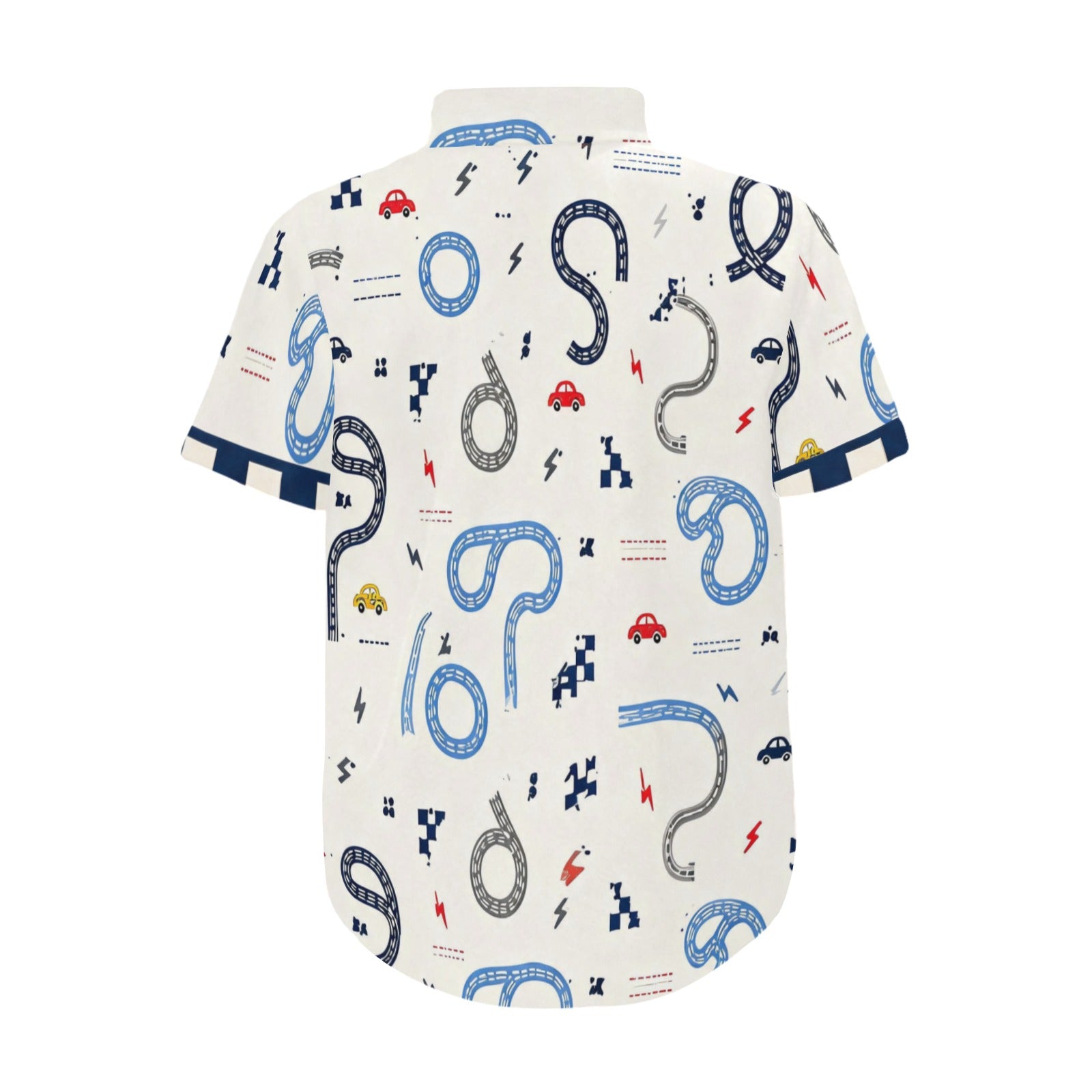 Beige and blue boys' short-sleeve shirt with cars motif and self-fabric cuff detail — additional view 8