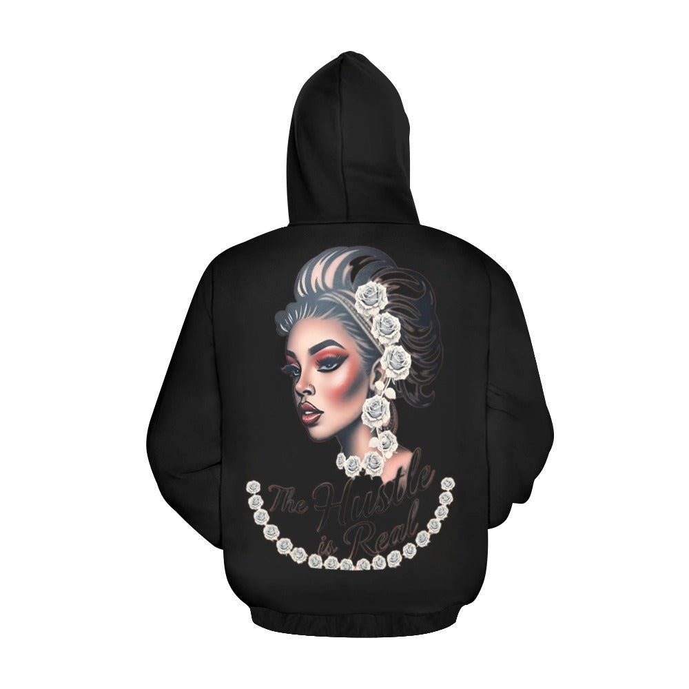 White roses all-over print women's hoodie with kangaroo pocket and pronounced cuffs — rear view