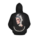 White roses all-over print women's hoodie with kangaroo pocket and pronounced cuffs — rear view