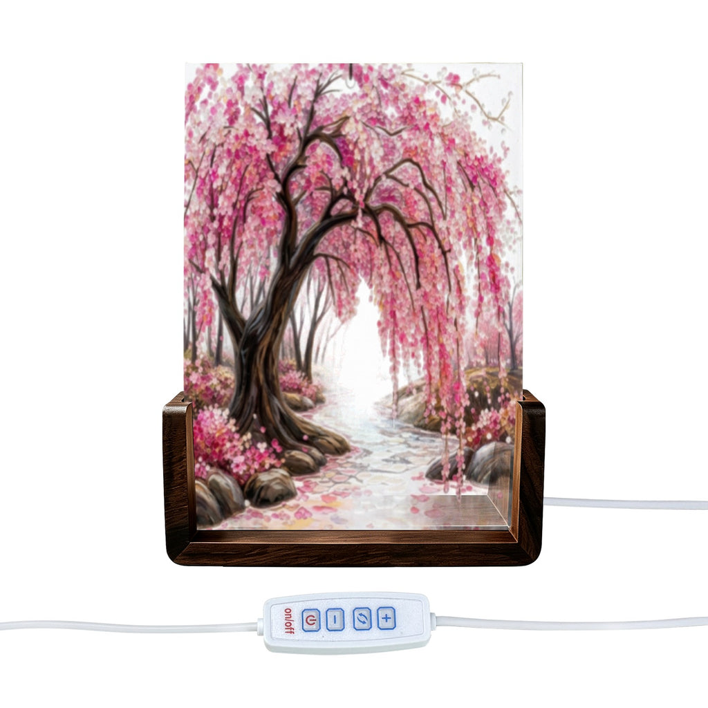 Japanese Cherry Blossom Acrylic Night Light Walnut Base 5"x7" (3 Color Temps Walnut Base)