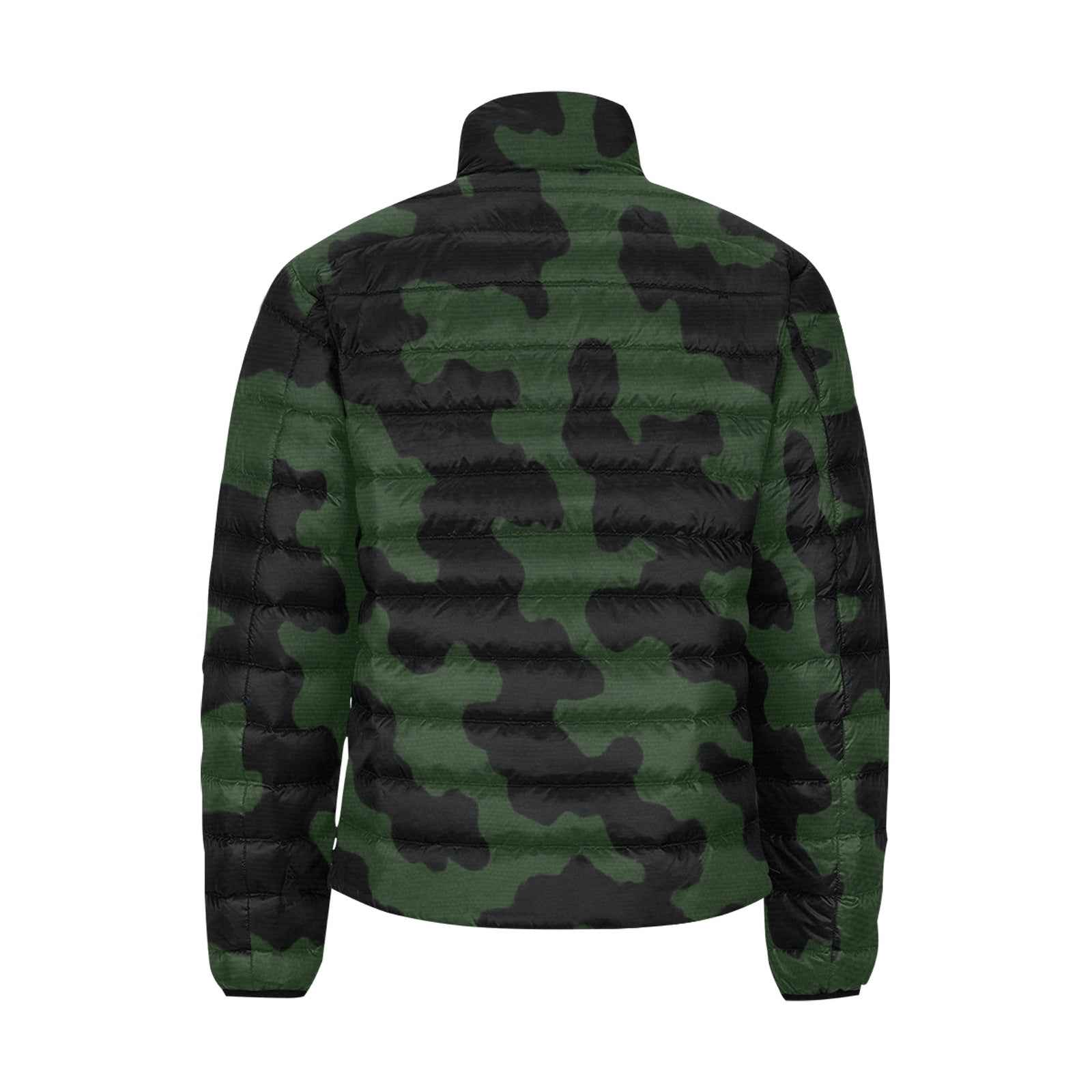 Men's green camouflage puffer jacket with stand-up collar and zipper closure — side view