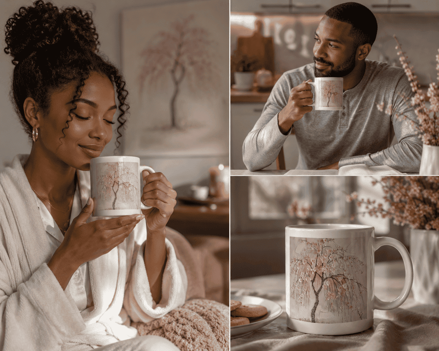 White 11 oz ceramic mug decorated with cherry blossom tree artwork and a crystal sticker decorative finish