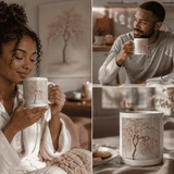 White 11 oz ceramic mug decorated with cherry blossom tree artwork and a crystal sticker decorative finish